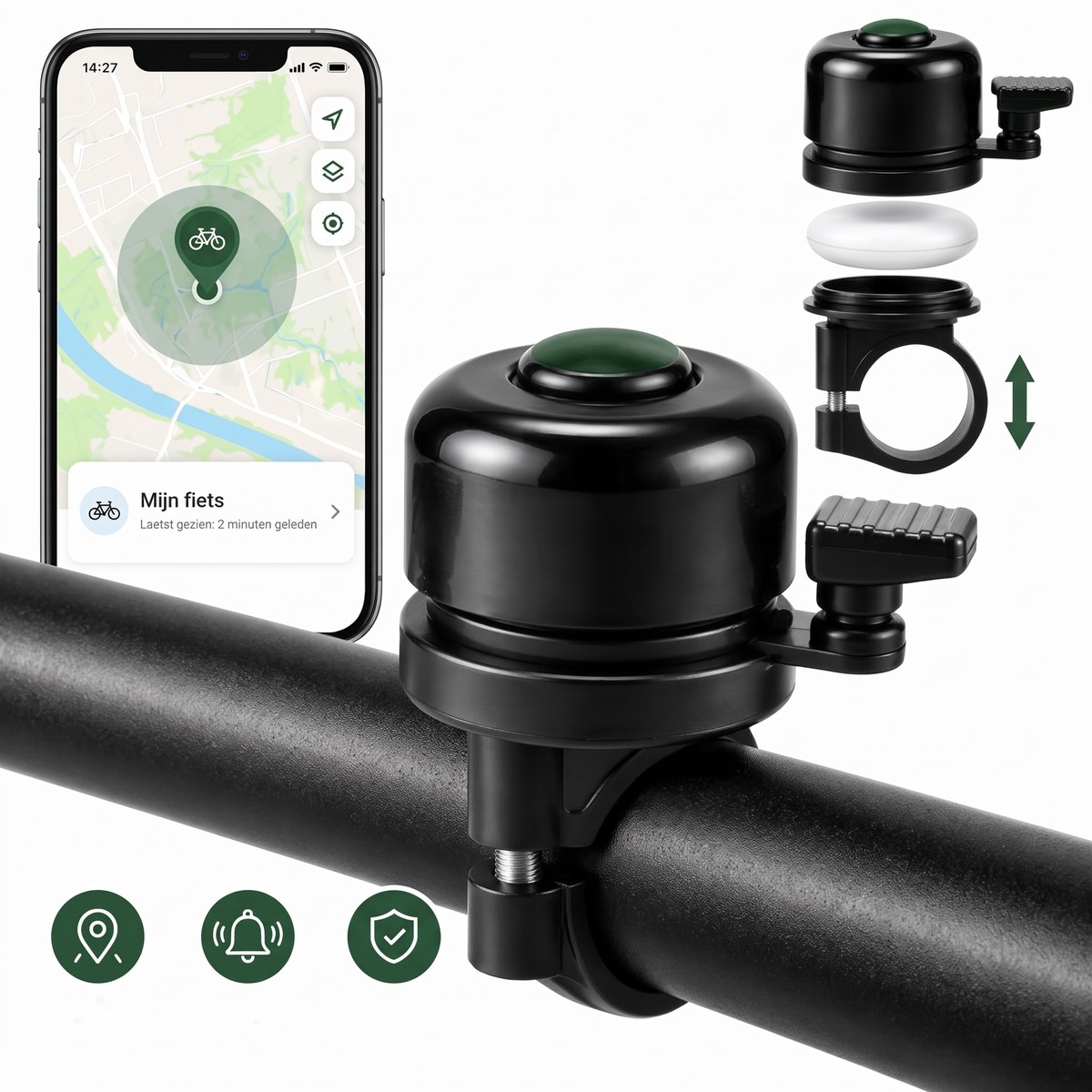 Fibi fietsbel op het stuur met de app op een telefoon