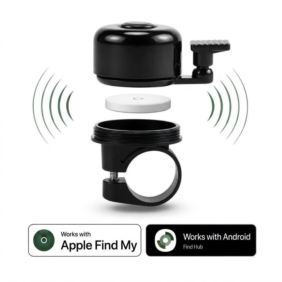 Fibi fietsbel uit elkaar, werkt met Apple Find My en Android Find Hub